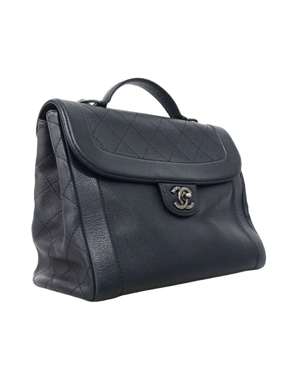 Chanel Handbag Quilted Leather Navy Silver 2-Way